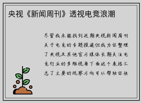 央视《新闻周刊》透视电竞浪潮